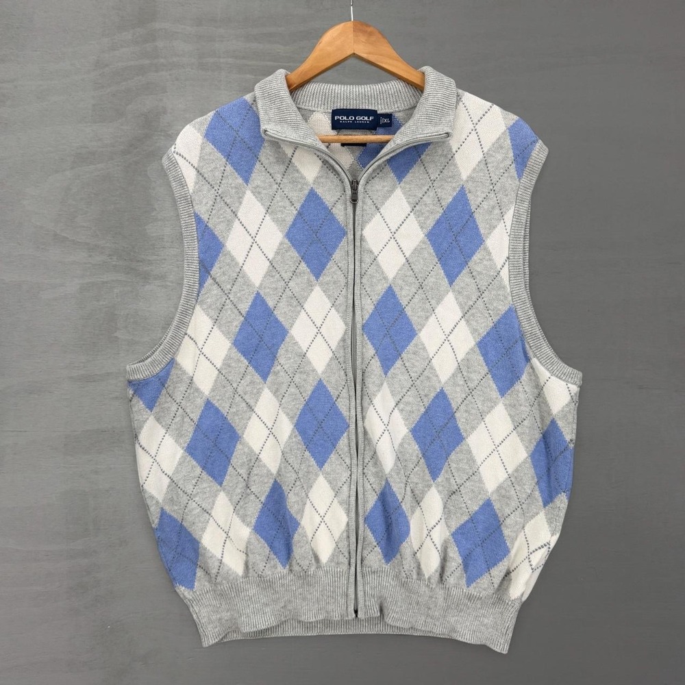 Polo Golf Ralph Lauren Sweater Vest Grey Blue Argyle Full Zip Cotton Cashmere XL